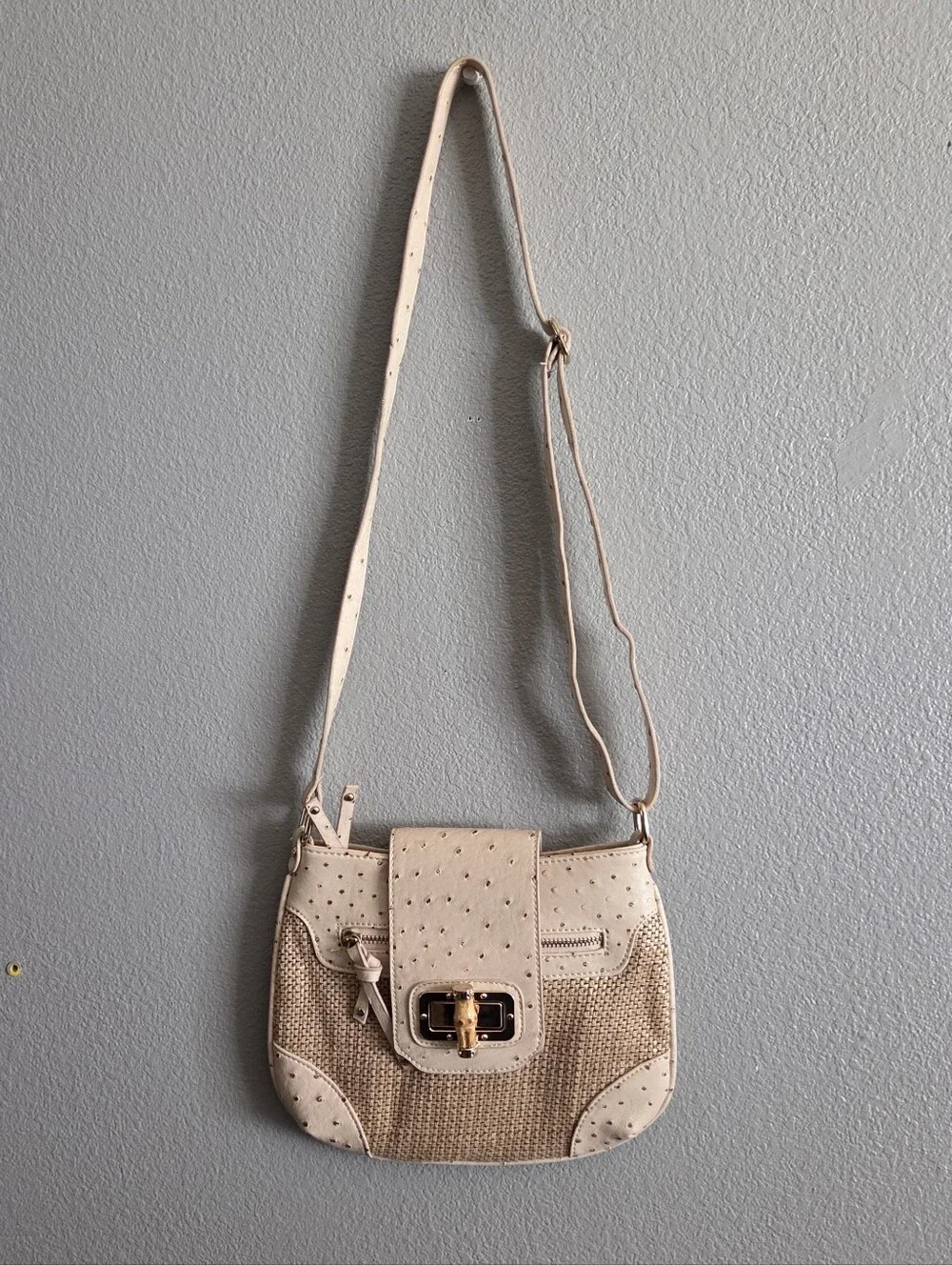 Tan Straw Faux Ostrich Embossed Crossbody Bag Bamboo & Gold Twist Lock